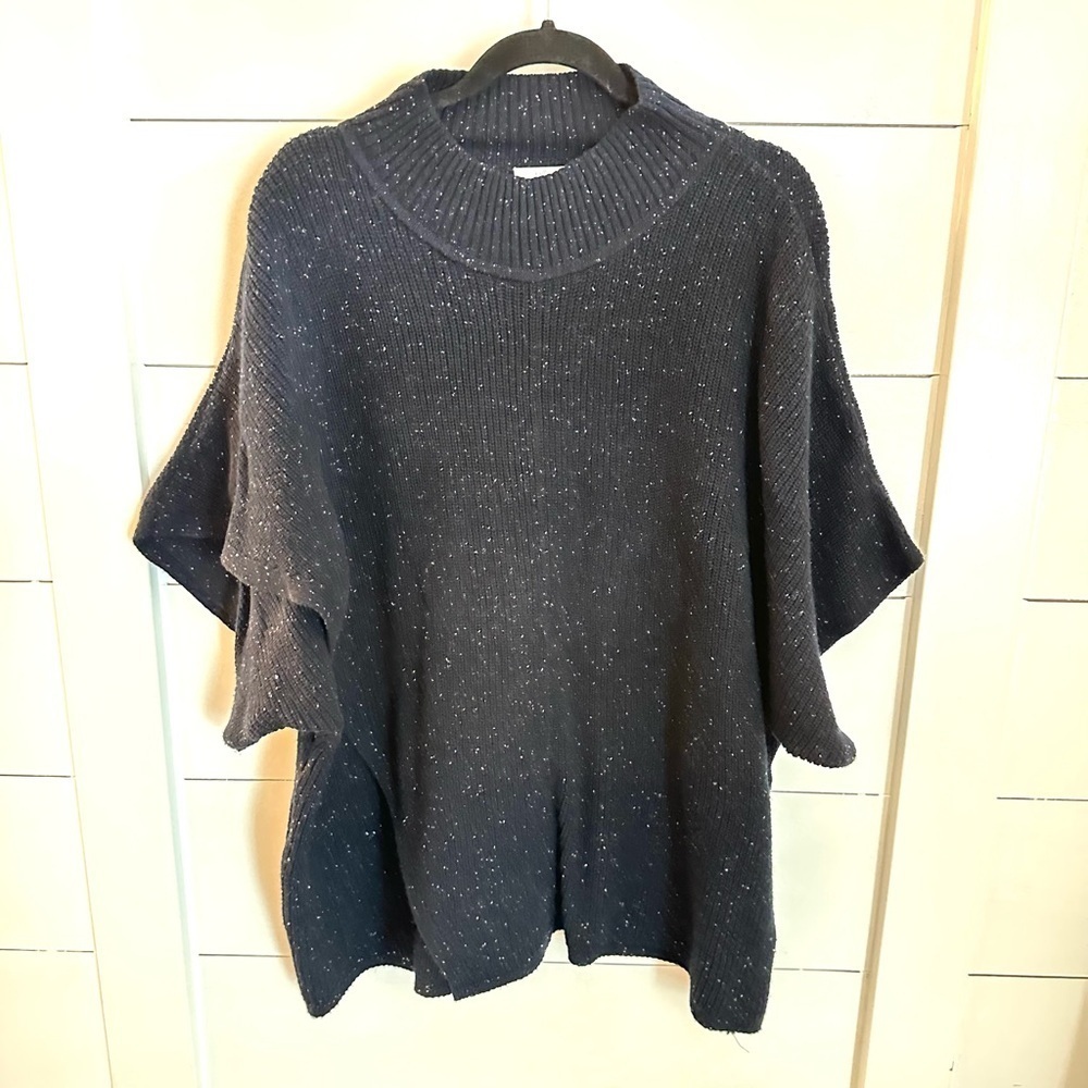 J Jill OS speckled blue oversized oblong crew neck short sleeve woman sweater